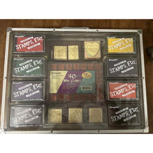 40-Piece Mini Stamps & Pigment Ink Pad Set Aluminum plastic Case NEW NIP School